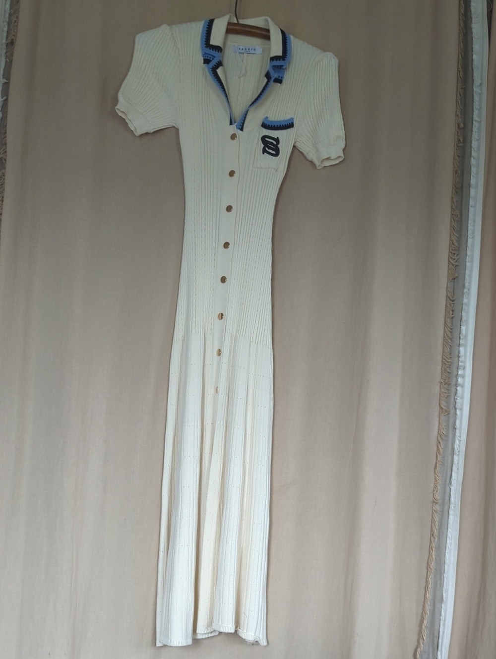 Sandro Florine Knit Midi Dress Cream Beige Button-Down Polo Navy Blue Trim Maxi - Picture 2 of 8